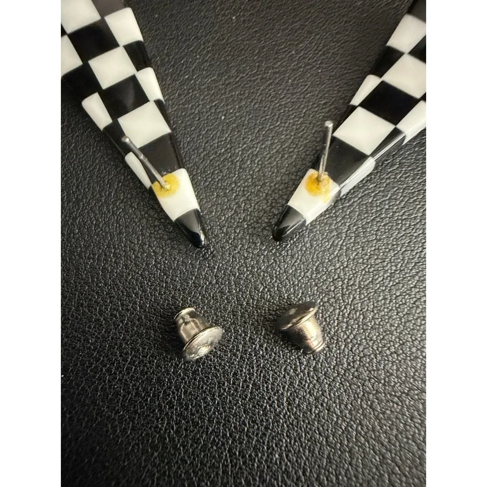 Vintage Earrings Checkered Acrylic Pop Art Black White